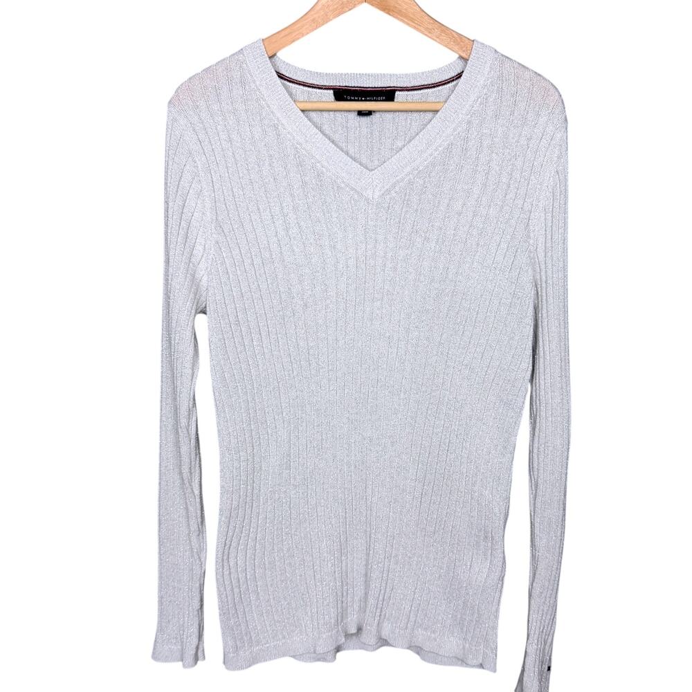 Tommy Hilfiger Ribbed Sweater Gray Silver Shimmer Women's Large V-Neck Casual